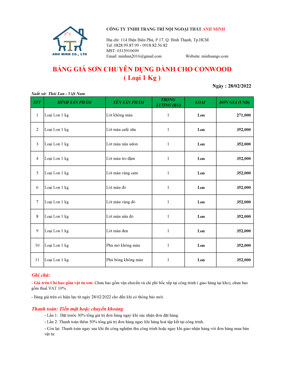 bảng màu sơn Conwood