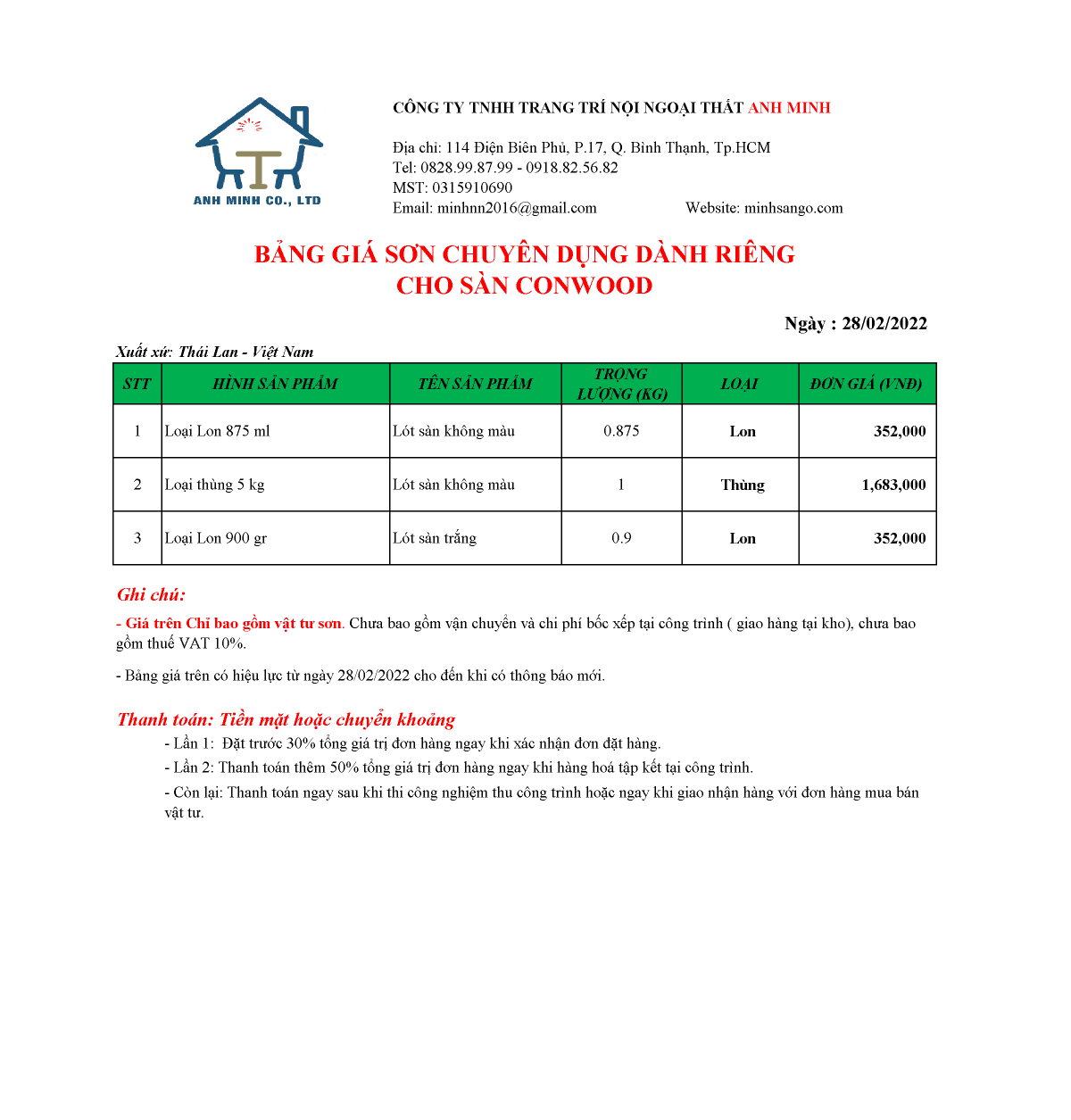 bảng màu sơn Conwood